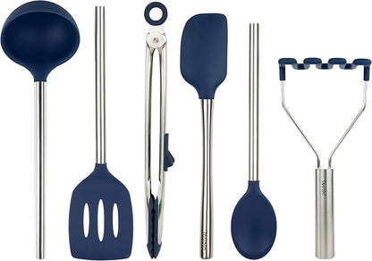 Tovolo Silicone Cooking Utensil Set of 6 Stainless Steel Handle Ladle Slotted Turner Tongs Flex Core Spatula Scraper Mixing Spoon & Potato Masher, Dishwasher Safe BPA Free Utensils, Deep Indigo