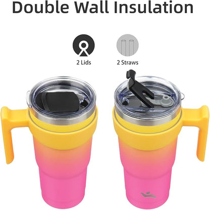 Konokyo 20 oz Tumbler with Handle and 2 Straw 2 Lid, Insulated Water Bottle Stainless Steel Vacuum Cup Reusable Travel Mug,Rainbow