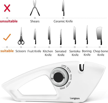 Longzon 6-in-1 Knife Sharpener 5 Stage with Cut-Resistant Glove, Manual Kitchen Tool for Straight & Serrated Knives, Quickly Sharpens Restores & Polishes Dull Blades Safe for Home Kitchen, White+Gray