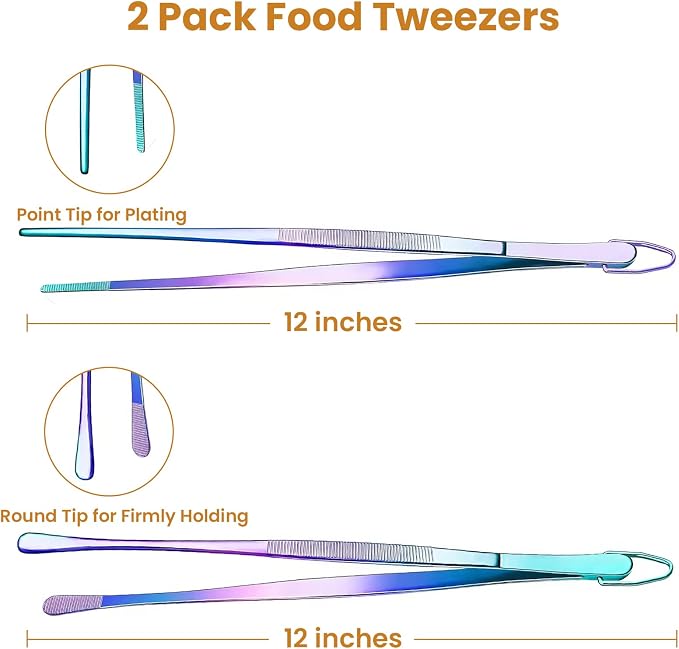 GEEKHOM 2-Piece 12-Inch Professional Kitchen Tongs: Dishwasher Safe Stainless Steel with Serrated Tips for Cooking & Serving (Colorful)