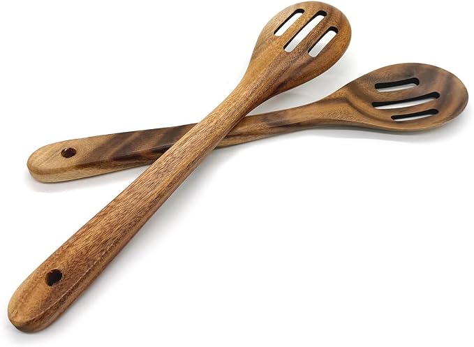 12 Inch Large Acacia Wooden Spoon, Slotted Spoon with Hole Cooking Spoon, Non-Stick Kitchen Utensils for Mixing, Stirring, Serving & Baking ﻿