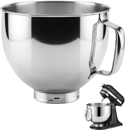 5 QT Food Grade Stainless Steel Mixing Bowl Compatible with KitchenAid Tilt-Head Stand Mixer 4.5-5 Quart, Replacement Kitchen Aid Bowl with Handle & Clasp, Dishwasher Safe