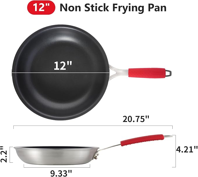 12 Inch Nonstick Frying Pan, Tri-Ply Clad Stainless Steel Skillet with Reinforced Coating, Detachable Handle with Silicone Sleeve, Dishwasher & Oven Safe, Induction Compatible, PFOA-Free