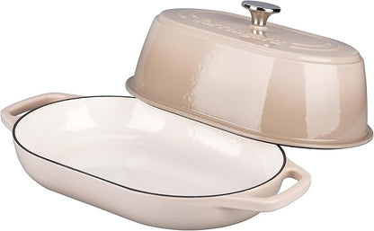 VORRINGARD Enameled Cast Iron Dutch Oven Pot with Dome Lid, Oval Bread Oven for Homemade Sourdough Bread Baking, Oven Safe up to 500°F, 6 Quart, Latte