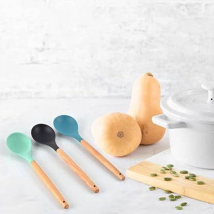 3 Pcs Large Silicone Wooden Handle Mixing Spoons - Nonstick Heat-Resistant Kitchen Mixing Tools (Green, Blue, Black)