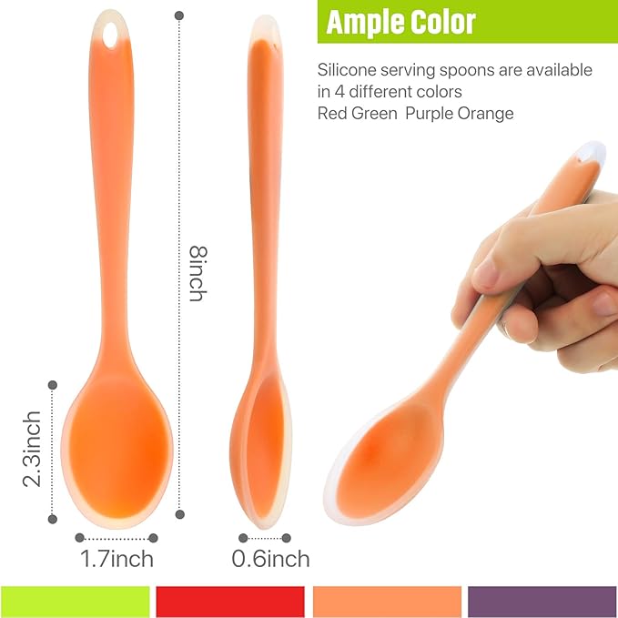 Patelai 4 Pieces Small Silicone Cooking Spoons 8 Inch Heat Resistant Silicone Serving Stirring Spoon for Kitchen Nonstick Cooking Tool Basting Utensils Dishwasher Safe(Red, Orange, Green, Purple)