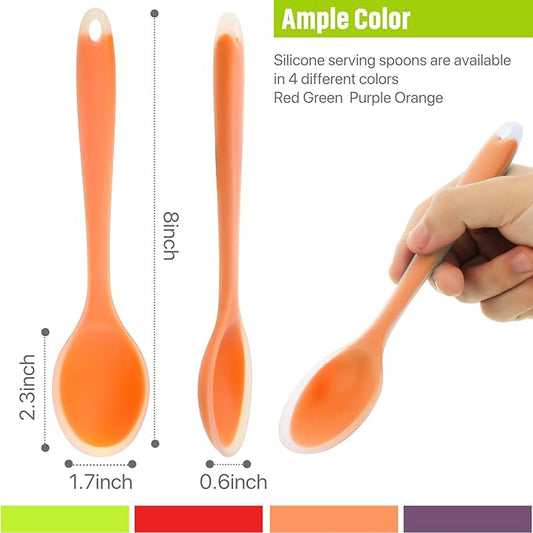 Patelai 4 Pieces Small Silicone Cooking Spoons 8 Inch Heat Resistant Silicone Serving Stirring Spoon for Kitchen Nonstick Cooking Tool Basting Utensils Dishwasher Safe(Red, Orange, Green, Purple)