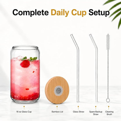 Glass Cups with Lids and Straws 1 Pack, 16 oz Glass Coffee Cup with Bamboo Lid, Glass Straw and Cleaning Brush, Iced Coffee Cup for Matcha, Soda, Tea and Daily Drinks