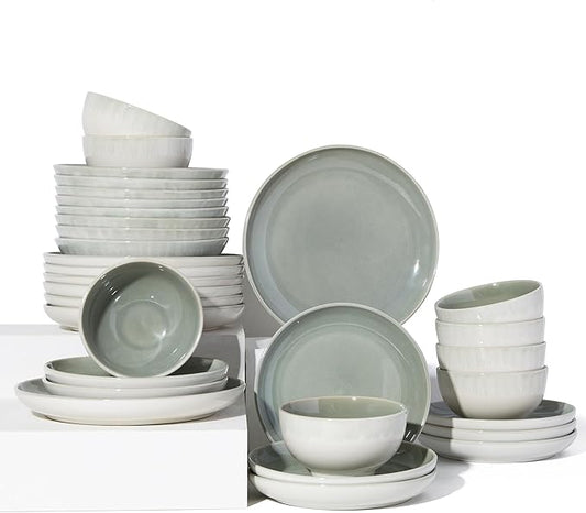 Pokini 32 Piece Double Bowl Dinnerware Sets with Pasta Bowls, Highly Chip and Crack Resistant Plates and Bowls Sets, Natural Earthyware Ceramic Dishware Sets, Service for 8 Gradient Green