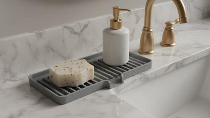 Silicone Soap Dish Tray and Sponge Holder with Drain Chute, Rectangular, Kitchen and Bathroom Sink Organizer (Vanilla Cream, 9"x3.5")