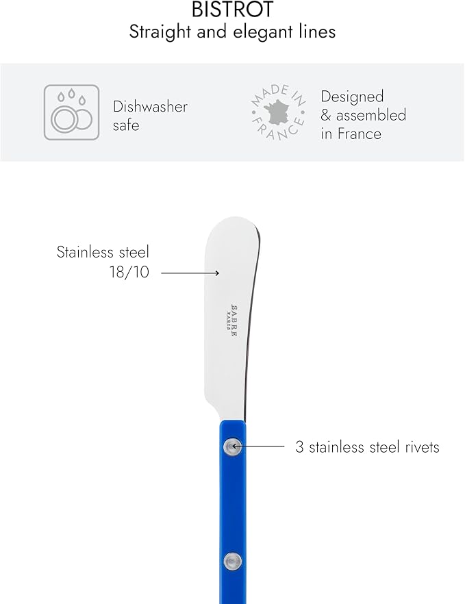 Sabre Paris - Set of 2 Spreader Knives 5.5 inches - Bistrot Collection - Perfect for Butter, Tapenades, Spreads - Stainless Steel & Nylon - Dishwasher Safe - Lapis Blue - Brilliant Finish