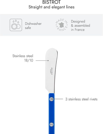 Sabre Paris - Set of 2 Spreader Knives 5.5 inches - Bistrot Collection - Perfect for Butter, Tapenades, Spreads - Stainless Steel & Nylon - Dishwasher Safe - Lapis Blue - Brilliant Finish