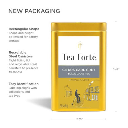 Tea Forte Citrus Earl Gray Premium Loose Leaf Caffeinated Black Tea Blend Canister, Makes 35-50 Cups