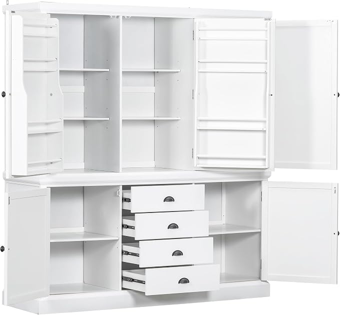VilroCaz Freestanding Large Kitchen Pantry, Wooden Kitchen Organizers and Storage Kitchen Cabinet with 4 Drawers, Cupboard, 5 Doors, Adjustable Shelves for Dining Room (White-3.15)
