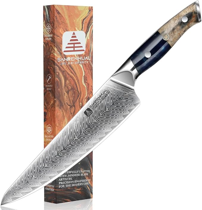Classic Damascus Chef's Knife 8”, Thin, Light Super Sharp Kitchen Knife, Japanese Damascus Kitchen Knife for All-Around Food Preparation, Professional Resin Handle Chef Knife