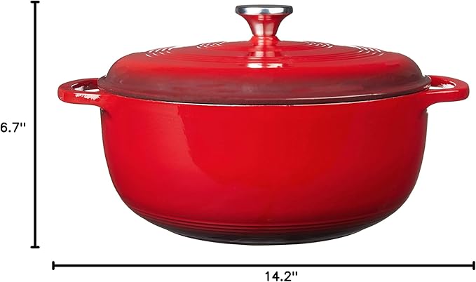 Lodge Essential Enamel Cast Iron Dutch Oven with Lid 7.5 Quart - Oven-Safe Enamel Cookware up to 500° F - Heat-Retaining Braising & Roasting Pot - Non-Toxic Cookware - Island Spice Red