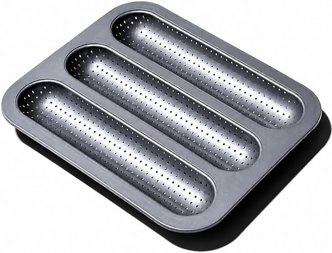 Metal Sub Roll & Hoagie Roll Baking Pan 12 inch, 3-Slot Perforated French Bread & Mini Baguette Pan, Nonstick Carbon Steel Bread Baking Tray for Homemade Subs & Sandwich Rolls