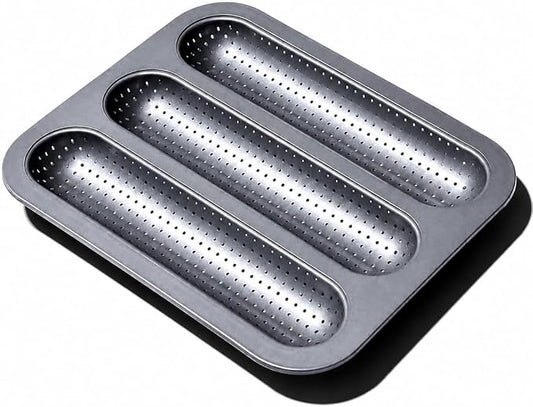 Metal Sub Roll & Hoagie Roll Baking Pan 12 inch, 3-Slot Perforated French Bread & Mini Baguette Pan, Nonstick Carbon Steel Bread Baking Tray for Homemade Subs & Sandwich Rolls