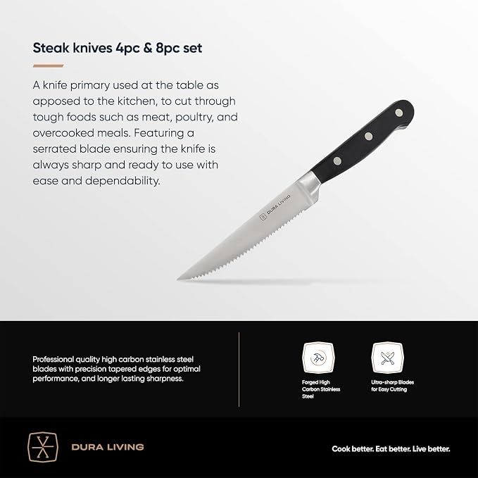 DURA LIVING Premium 4-Piece Steak Knife Set – Sharp Serrated Blades, Forged High Carbon Stainless Steel, Full Tang, Ergonomic Handle, Black – Perfect for Dining