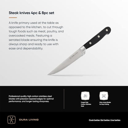 DURA LIVING Premium 4-Piece Steak Knife Set – Sharp Serrated Blades, Forged High Carbon Stainless Steel, Full Tang, Ergonomic Handle, Black – Perfect for Dining