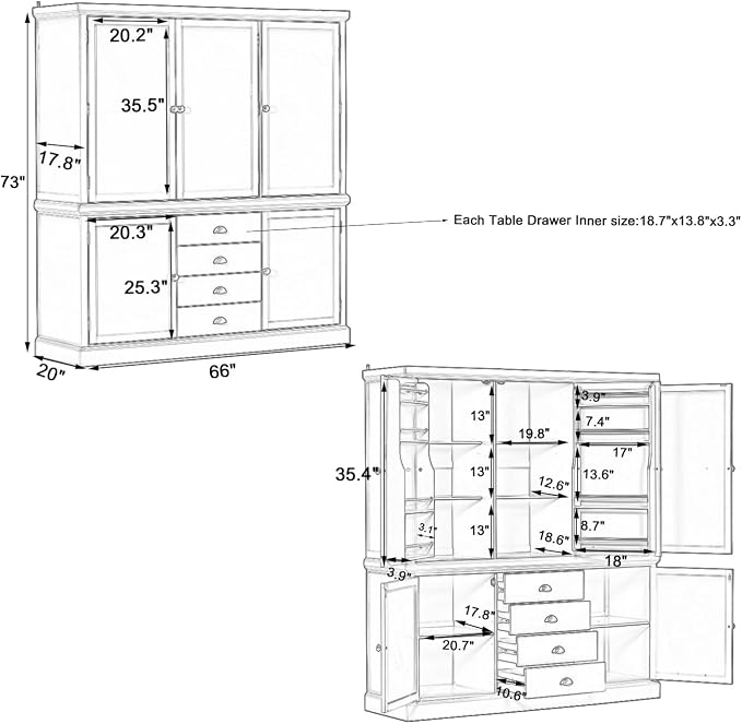 VilroCaz Freestanding Large Kitchen Pantry, Wooden Kitchen Organizers and Storage Cabinet with 4 Drawers, Cupboard, 5 Doors, Adjustable Shelves for Dining Room (Gray-3.15)
