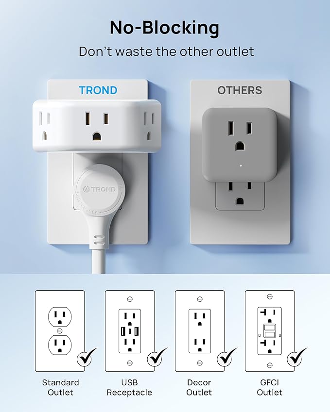 TROND 360 Rotating Plug Outlet Extender 2 Pack, 3 Way Angled Wall Outlet Adapter, Small Multiple Plug Splitter for Bathroom Kitchen Cruise Ship Travel Essentials, White