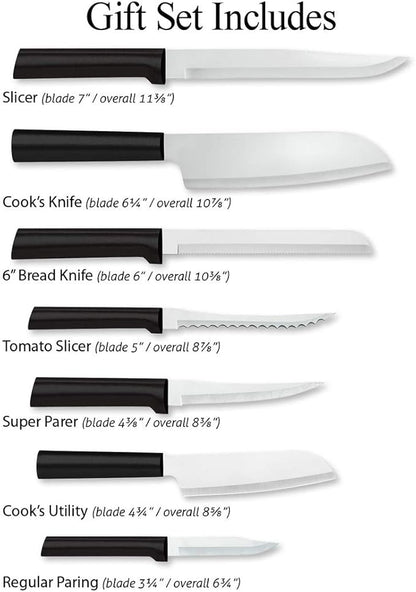 Rada Cutlery Essential Oak Block Set (G258) with Quick Edge Sharpener (R119), 8-Piece Block Knife Set and Knife Sharpener, Stainless Steel Blades, Black Handle