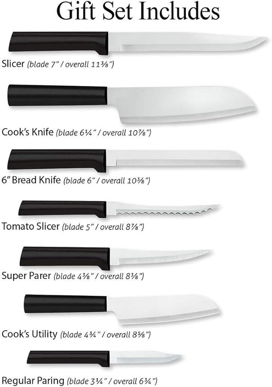 Rada Cutlery Essential Oak Block Set (G258) with Quick Edge Sharpener (R119), 8-Piece Block Knife Set and Knife Sharpener, Stainless Steel Blades, Black Handle