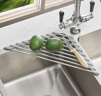Triangle Dish Drying Rack Multipurpose Roll-up Drying Rack for Sink Corner Stainless Steel Over The Sink Corner Dish Drainer Mat for Kitchen (Grey)