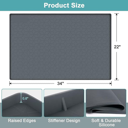 Under Sink Waterproof Mat for Kitchen 34" x 22", Silicone Under Kitchen Sink Mats and Protectors for Cabinets, Under Sink Tray Liner, Cabinet Mat for Kitchen Multipurpose Pet Mats, Rhombic Gray