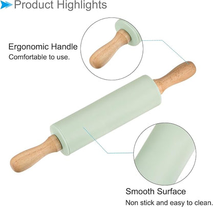 Silicone Rolling Pins, 12.2" Length, Silicone & Oak Non-Stick Ergonomic Wooden Handle Fondant Dough Roller Light Green - (Applications: for Baking DIY Projects)