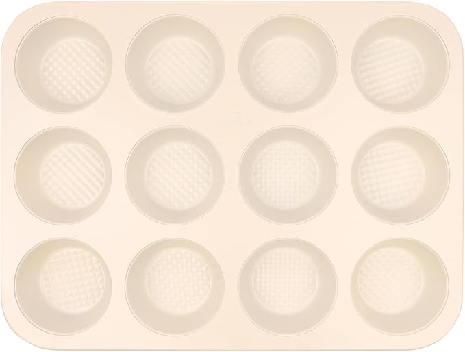David Burke 12-Cup Muffin Pan, Carbon Steel, PFTE & PFOA Free, Oven Safe, Diamond Textured Surface – Cream