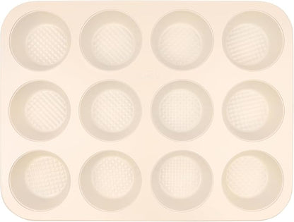David Burke 12-Cup Muffin Pan, Carbon Steel, PFTE & PFOA Free, Oven Safe, Diamond Textured Surface – Cream