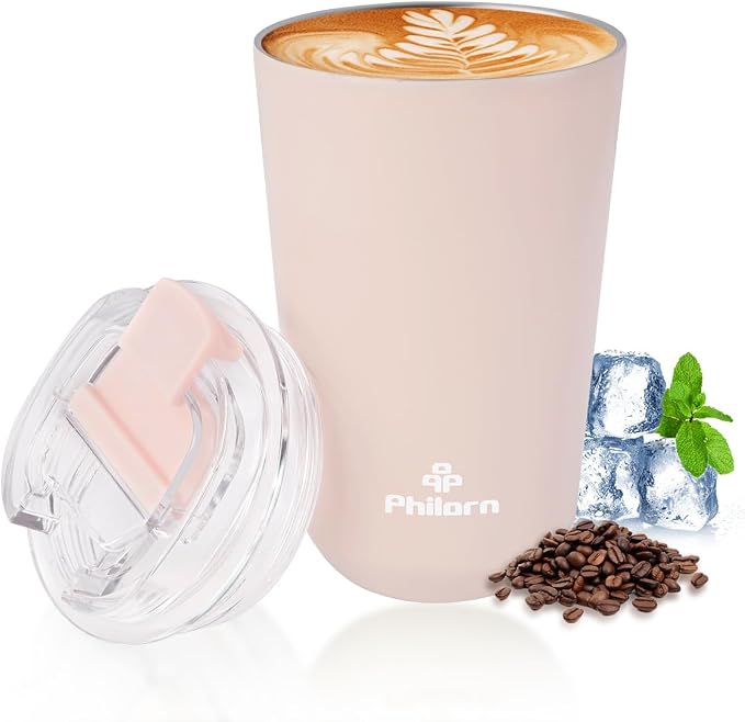 PHILORN Pink Coffee Tumbler - 12 OZ Insulated Coffee Mug With Lid, Leak Proof Thermo Cup for Hot and Iced Drinks, Stainless Steel Vacuum Pink Cup with Double Wall