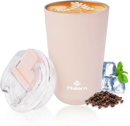 PHILORN Pink Coffee Tumbler - 12 OZ Insulated Coffee Mug With Lid, Leak Proof Thermo Cup for Hot and Iced Drinks, Stainless Steel Vacuum Pink Cup with Double Wall