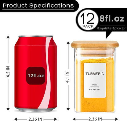12 Pcs Glass Spice Jars with Bamboo Airtight Lids & 201 Labels - 8oz Square Small Empty Food Storage Containers for Kitchen, Seasonings, Herbs, Salt
