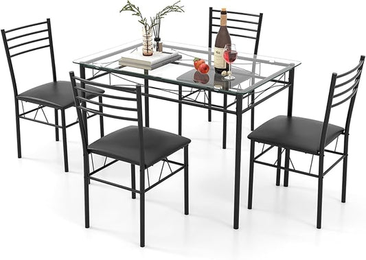 Giantex 5 Piece Dining Table Set, Kitchen Dining Set with Tempered Glass Table Top and 4 Upholstered Chairs, Dinette Set for 4 for Breakfast Nook Dining Room Kitchen (Black)