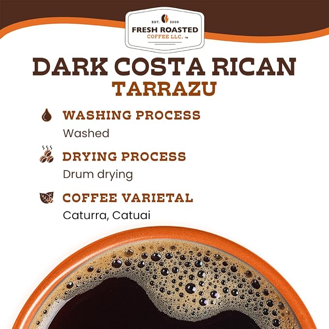 Fresh Roasted Coffee, Dark Costa Rican Tarrazu Whole Bean Coffee, Med-Dark Roast, Kosher, 5 lb (80 oz)