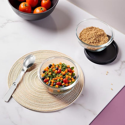 12 OZ Round Glass Food Containers With Lids, 1.5 Cup Small Glass Containers With Lids and Spoons for Office Lunch,Small Round Meal Prep Bowls for Oven, Fridge, Dishwasher safe (4 Pack)
