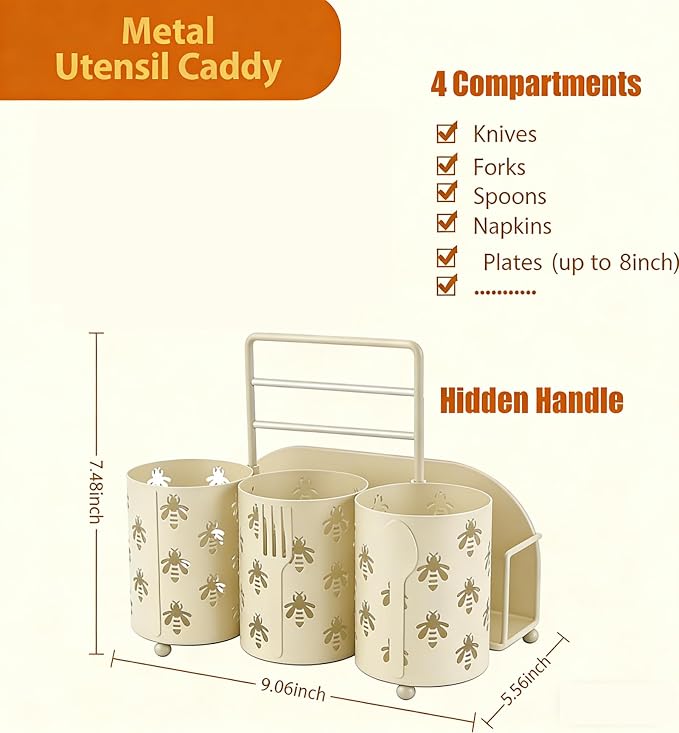 NelyBet Bee Utensil Caddy Silverware Holder Fork Spoon Napkin Paper Plate Organizer Metal Cutlery Flatware Organizer for Party Kitchen Countertop Camping Picnic - Cream White