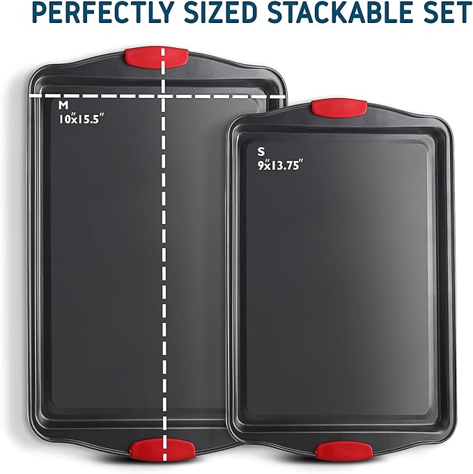 Baking Sheet, 2PC Cookie Sheet Set with Silicone Handles, Nonstick Steel Baking Pan, Baking Sheets for Oven, BPA Free Baking Pans Set, Cookie Sheets– Black Bakeware, Small & Medium