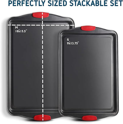 Baking Sheet, 2PC Cookie Sheet Set with Silicone Handles, Nonstick Steel Baking Pan, Baking Sheets for Oven, BPA Free Baking Pans Set, Cookie Sheets– Black Bakeware, Small & Medium
