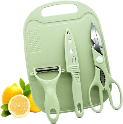 Magicorange Travel Cutting Board Set, 4 Pcs Portable Mini Camping Plastic Cutting Board Set & Stainless Steel Knife with Sheath, Fruits & Vegetable Peeler Scissors (Green)