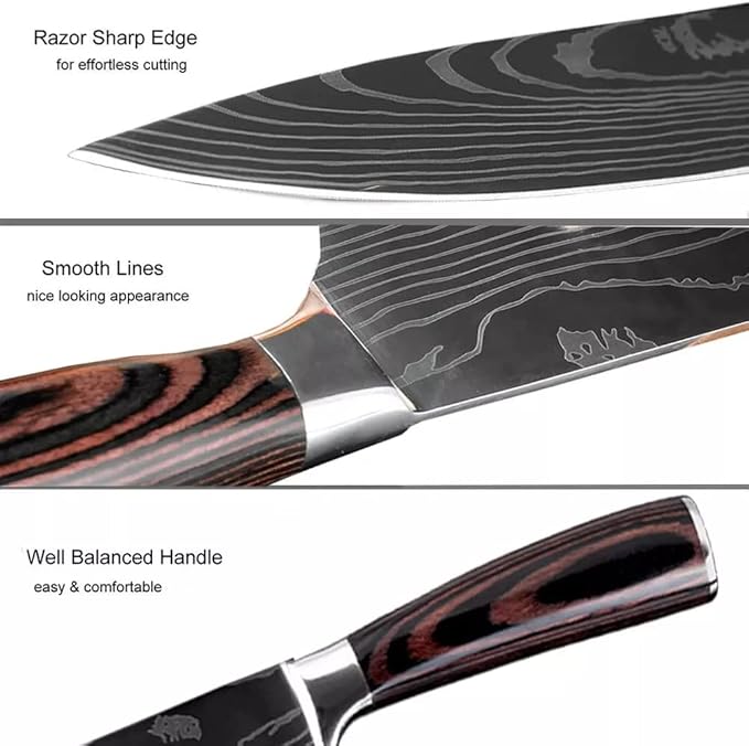 Majesty Series 8pc Damascus-Pattern Kitchen Knife Set - Ultra-Sharp Laser-Etched Pattern, Pakkawood Handles, Razor-Sharp Stainless Steel, Premium Gift Box