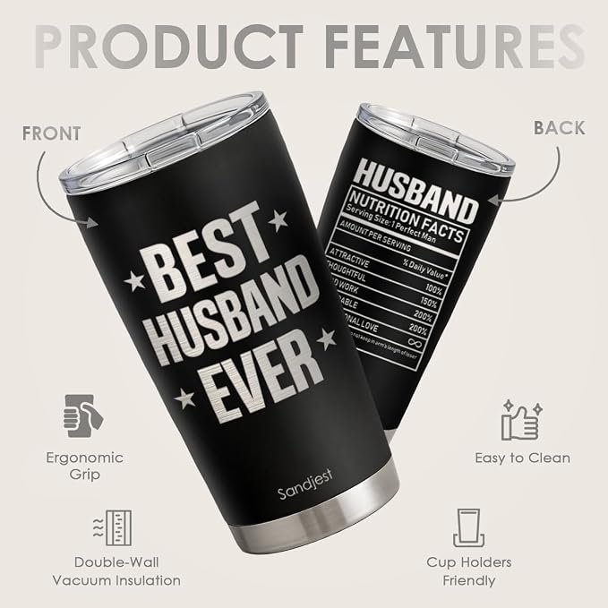 SANDJEST 20oz Insulated Tumbler for Husband, Stainless Steel Travel Mug with Lid, Best Husband Ever Coffee Cup for Men, Boyfriend Birthday Christmas Valentine