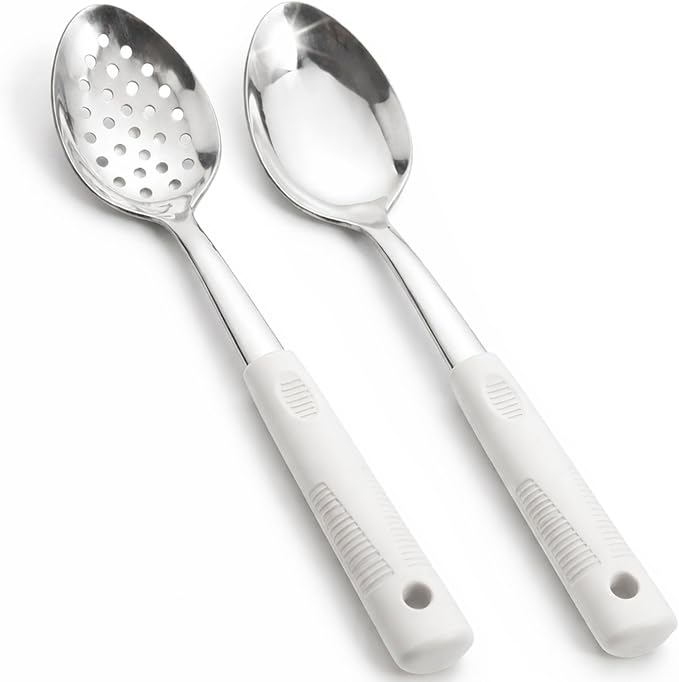 Metal Serving Spoons Set, Large Serving Spoons with Silicone Handles, Stainless Steel Serving Spoon, Slotted Spoon & Soup Ladle Set for Buffet and Home Kitchen (Beige)