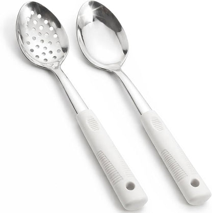 Metal Serving Spoons Set, Large Serving Spoons with Silicone Handles, Stainless Steel Serving Spoon, Slotted Spoon & Soup Ladle Set for Buffet and Home Kitchen (Beige)