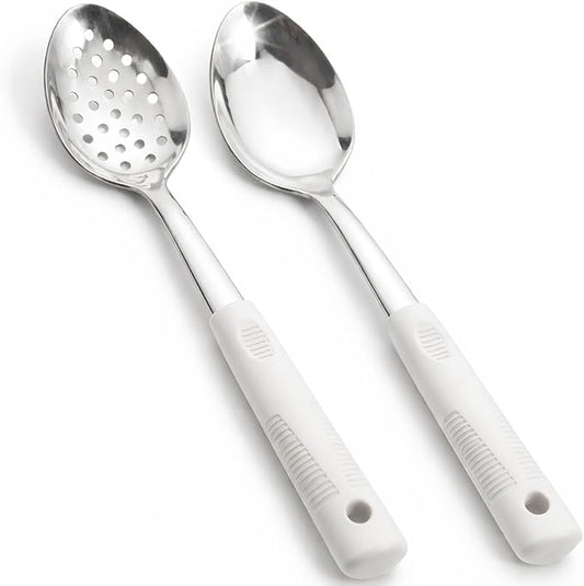 Metal Serving Spoons Set, Large Serving Spoons with Silicone Handles, Stainless Steel Serving Spoon, Slotted Spoon & Soup Ladle Set for Buffet and Home Kitchen (Beige)