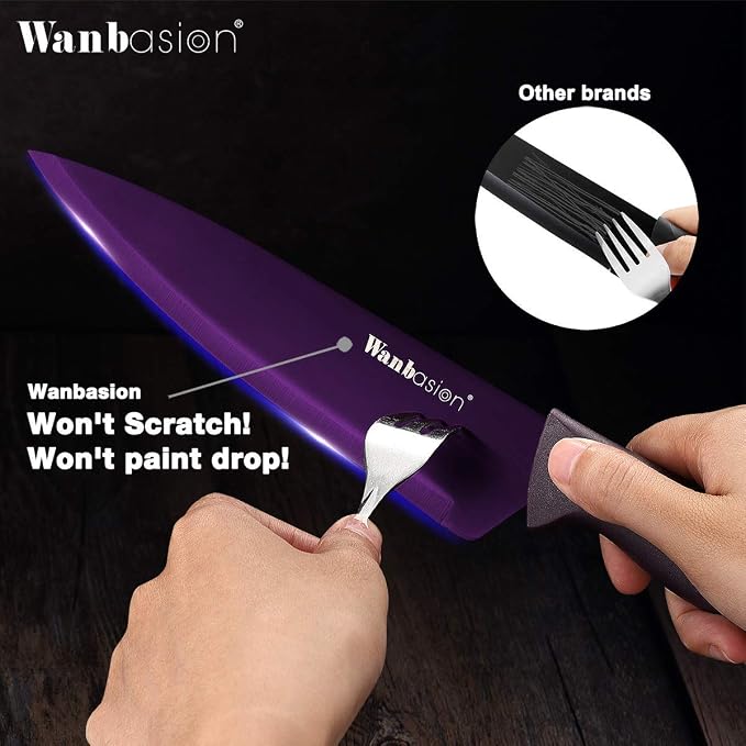 Wanbasion Purple Stainless Steel Knife Set, Sharp Kitchen Knife Set Professional, Kitchen Knife Set Dishwasher Safe with Covers for Cooking
