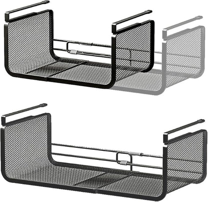 Expandable Under Shelf Basket Organizer, Under Shelf Storage, Hanging Baskets Under Cabinet for Pantry Kitchen Cupboard Desk Counter Bookshelf Space Saver Heavy Duty Slide-in (Black, 2 Pack)